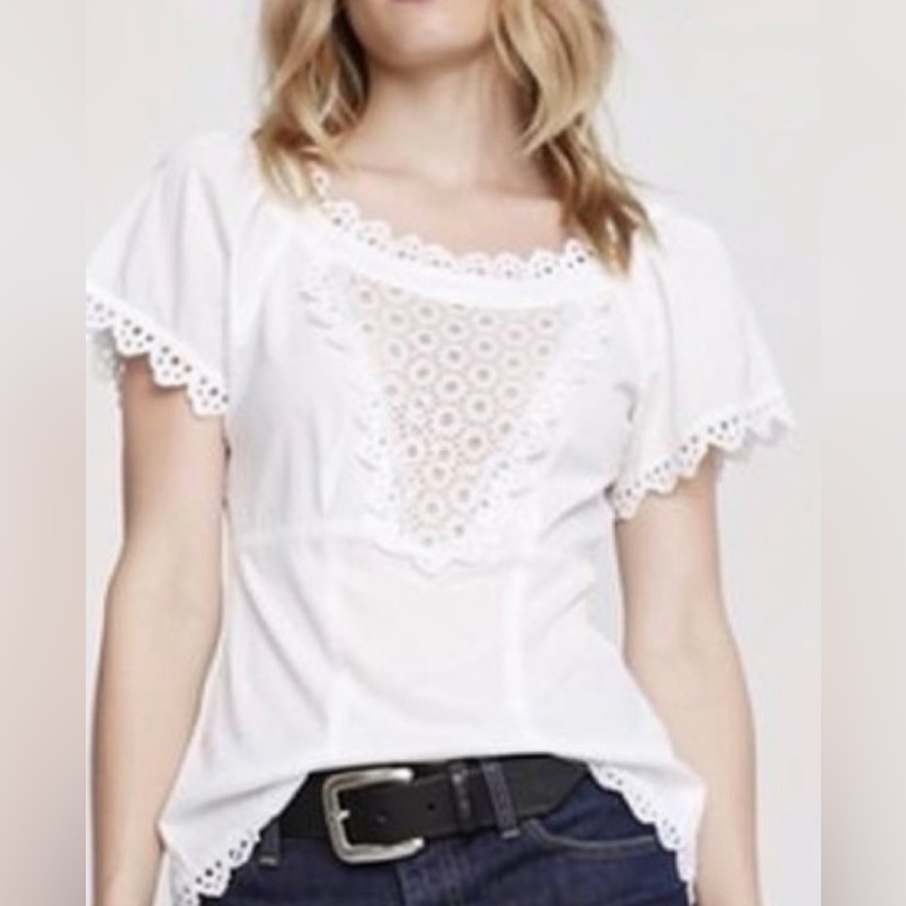 Nanette Lepore White Eyelet Lace Bib Ruffle Blouse Cottagecore Romantic